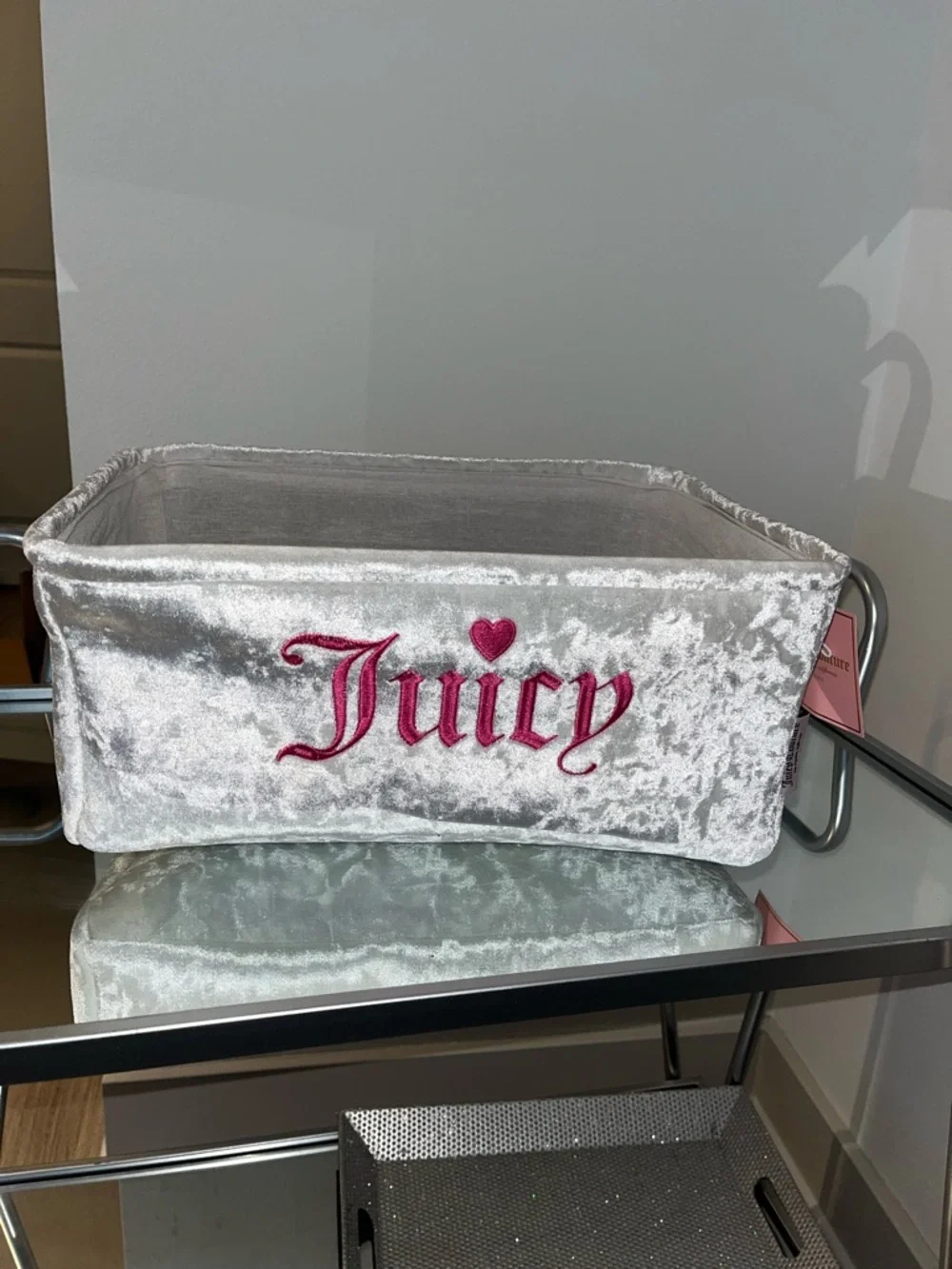 Juicy Couture Silver Velvet Cosmetic Organizer with Pink Embroidered Logo